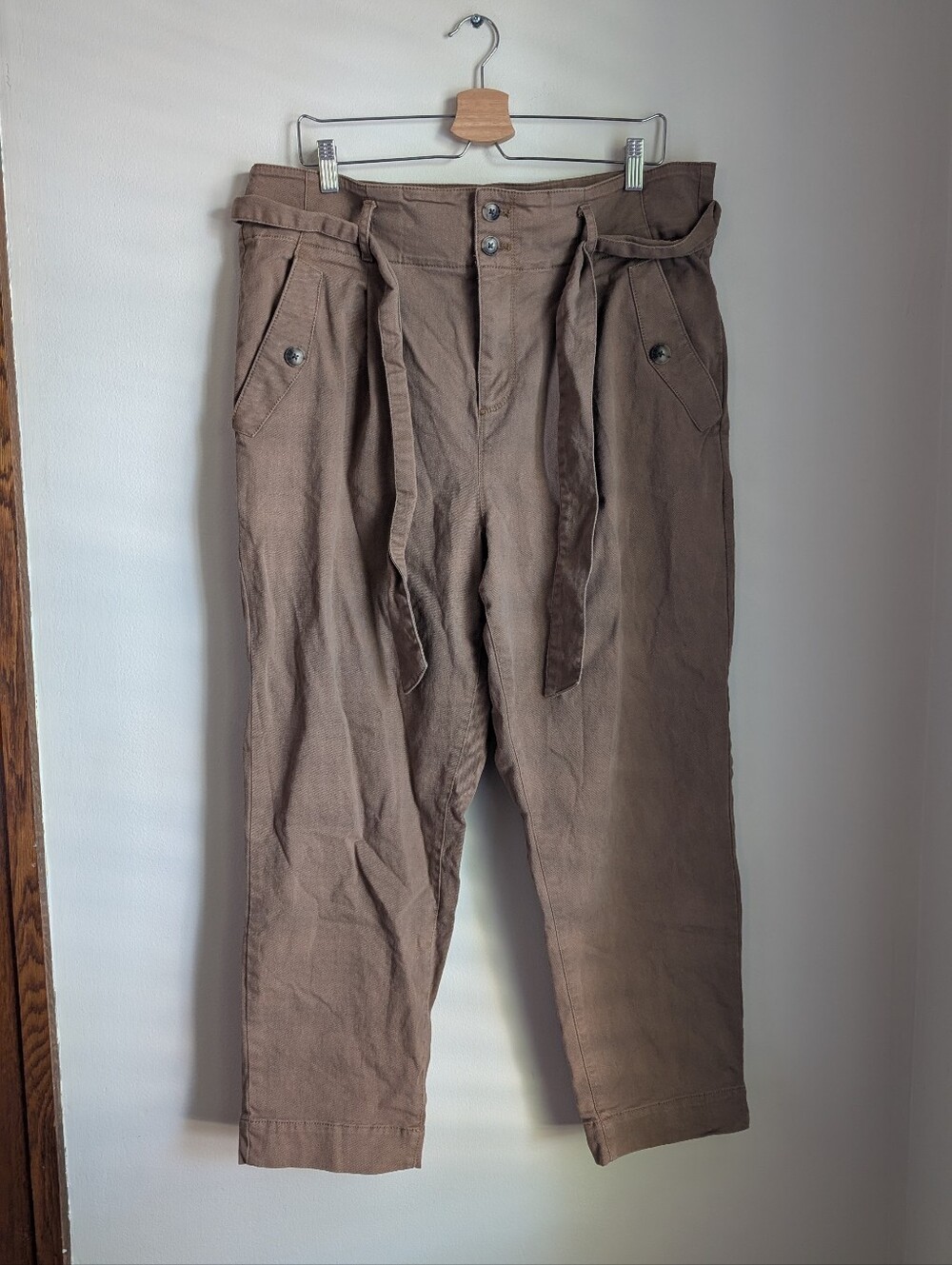 LOFT Brown High-Waist Tie-Belt Tapered Cropped Pants